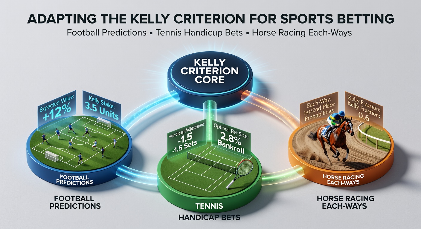 Visual breakdown of Kelly Criterion curves applied to sports betting scenarios, showing optimal stake sizes versus bankroll growth