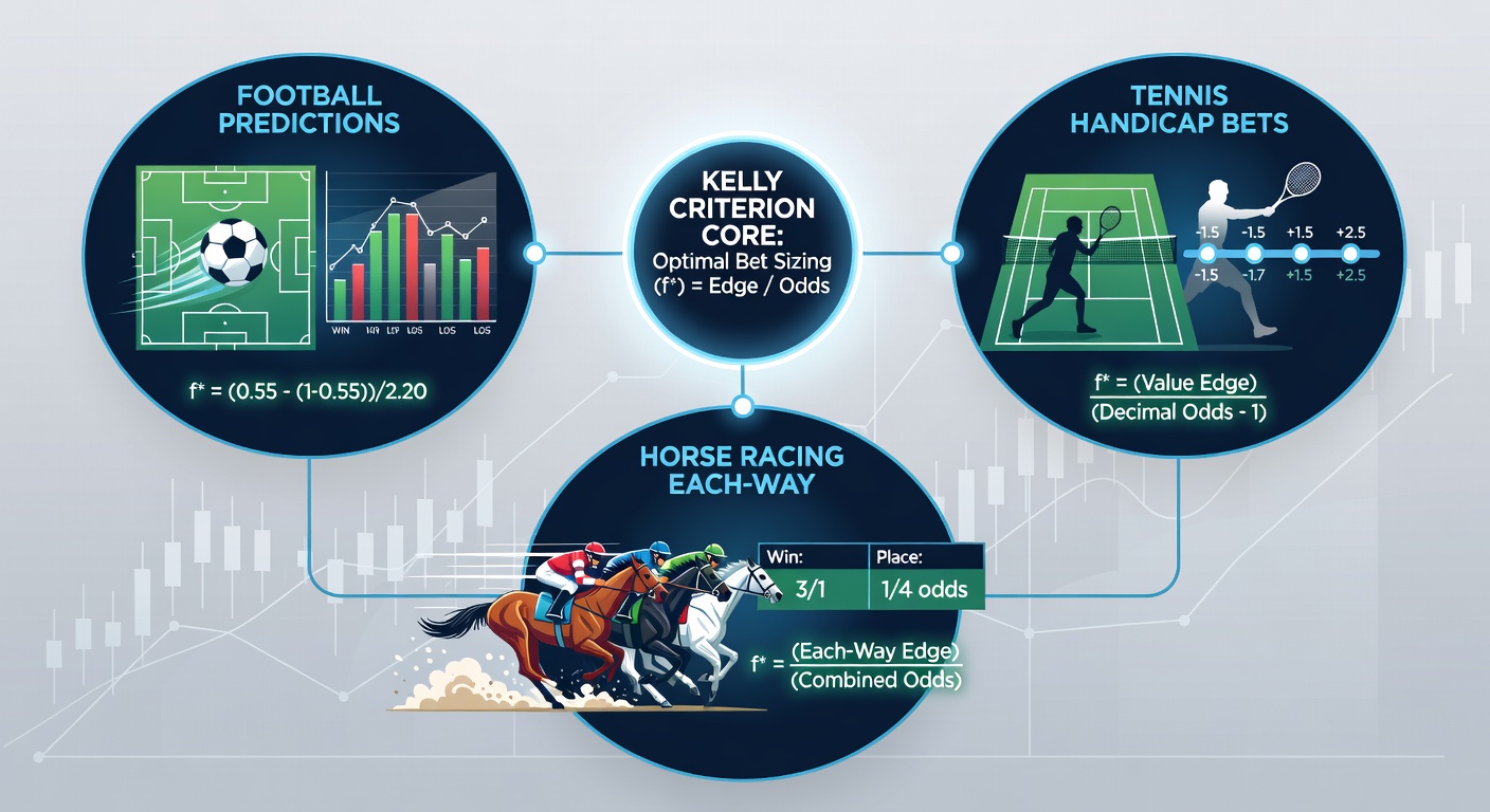 Tennis court graphic overlayed with handicap betting lines and Kelly stake calculations, highlighting variance in set outcomes