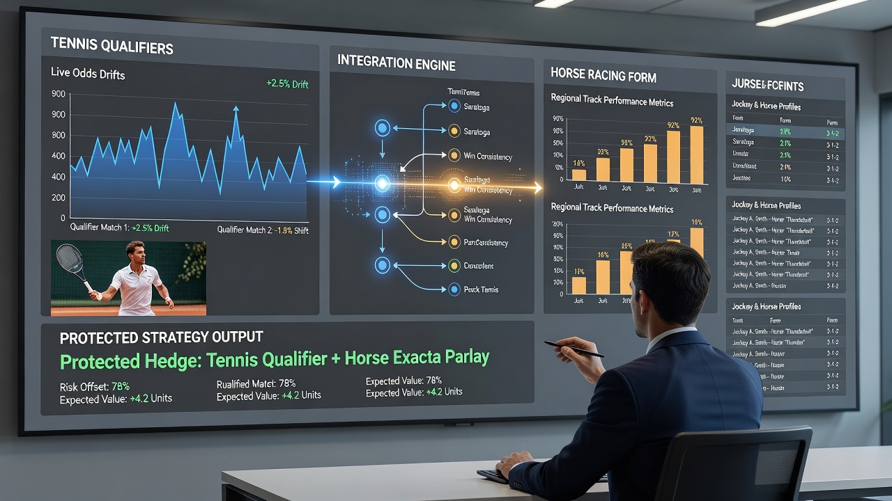 Accumulator betting interface showing layered selections from tennis qualifiers and horse racing events with free bet indicators