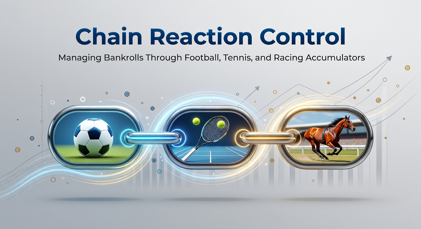 Visual representation of interconnected accumulator bets forming a chain across football pitches, tennis courts, and racing tracks, illustrating bankroll flow and risk management