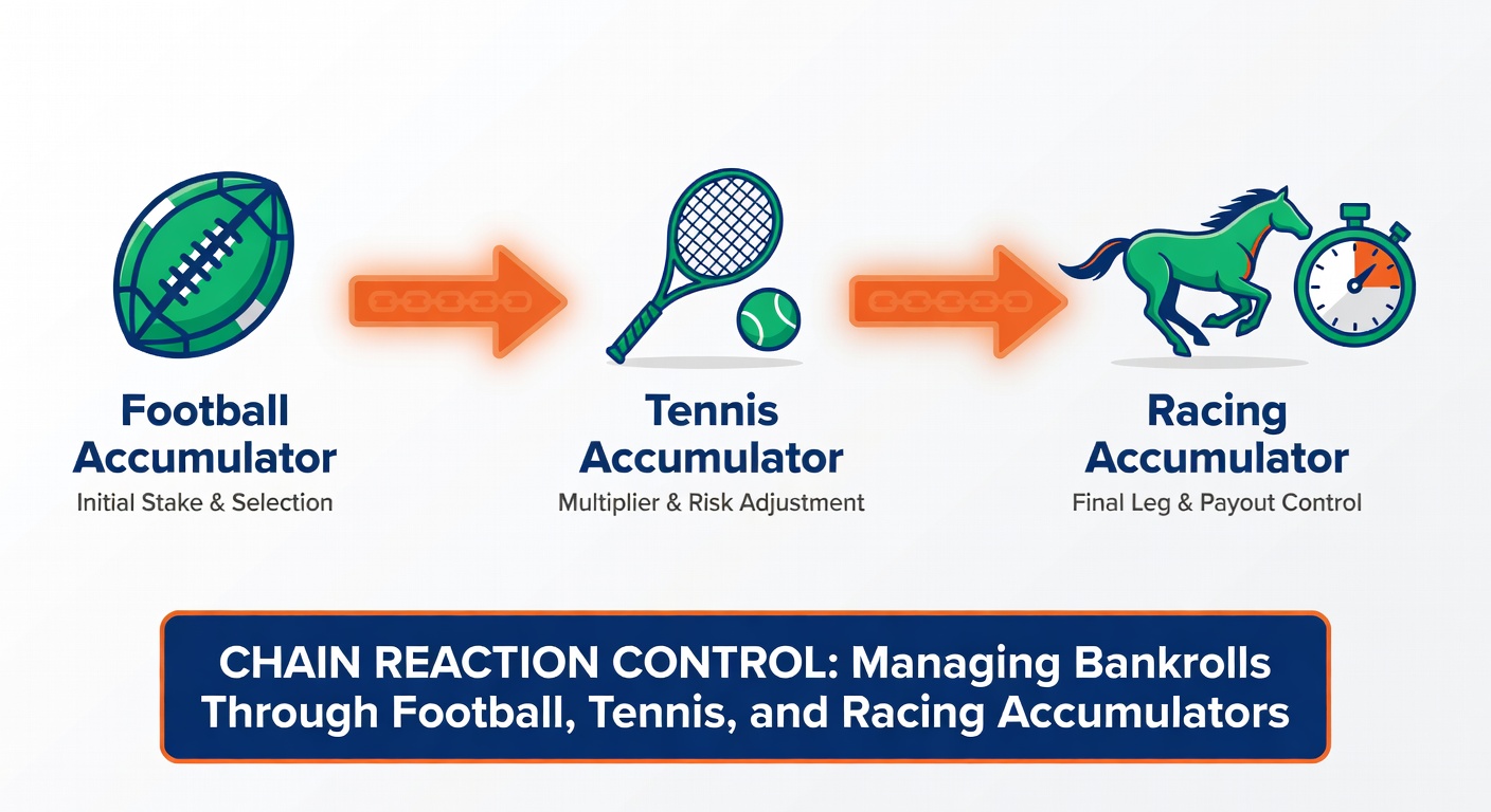 Tennis player mid-serve on clay court with overlaid accumulator odds board showing multi-match parlay potential and bankroll tracker graph