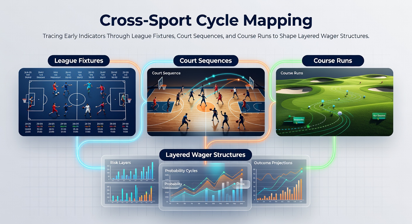 Visual representation of cross-sport cycle mapping showing interconnected league fixtures, tennis court sequences, and horse racing course runs