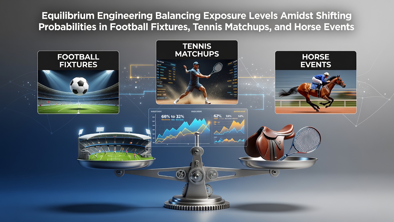 Diagram showing probability curves and exposure balances across football, tennis, and horse racing betting scenarios