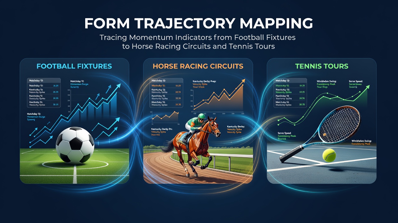 Analysts reviewing performance charts that connect momentum patterns across football, horse racing, and tennis events