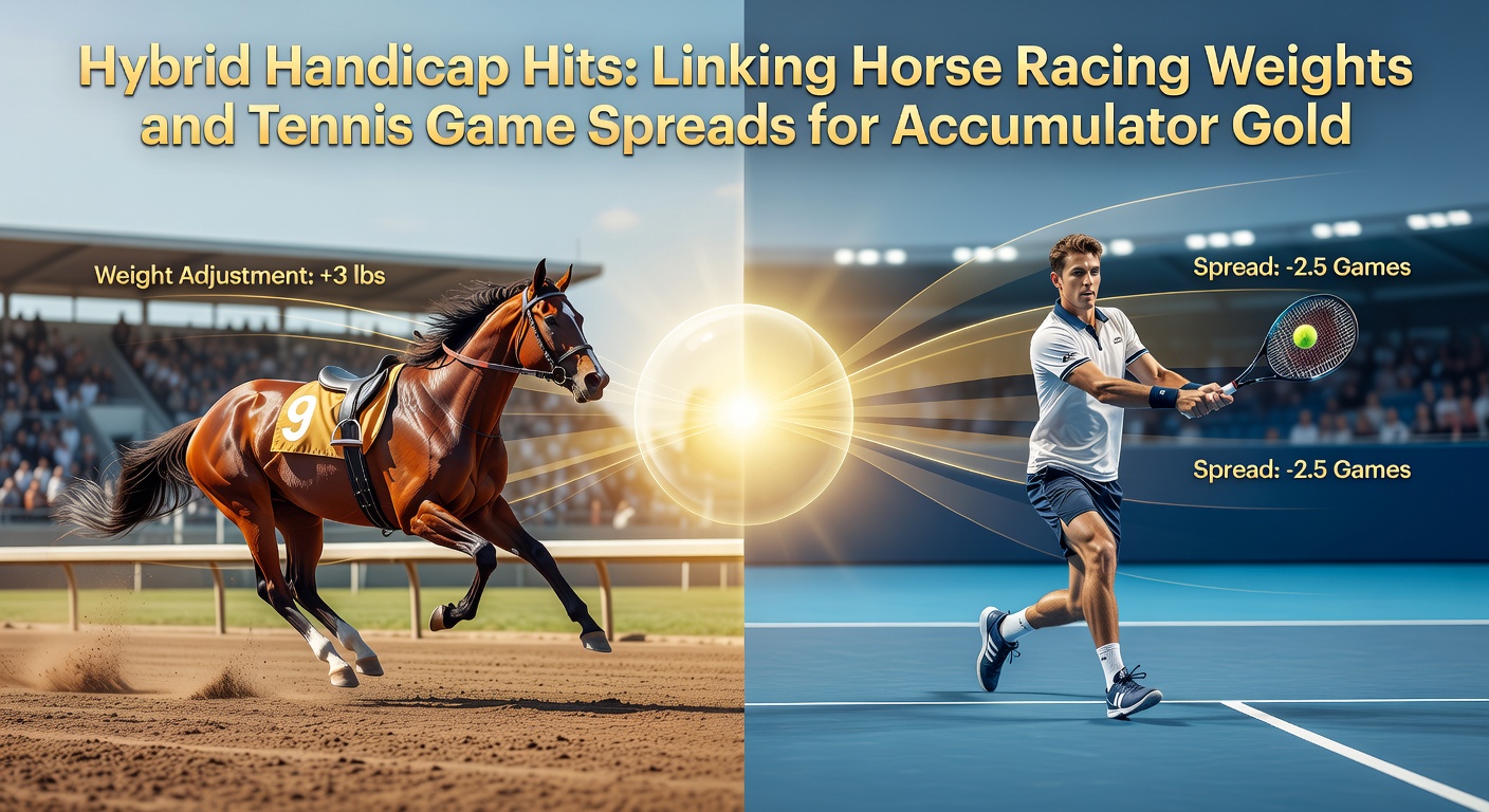 Dynamic graphic showing a horse race handicap alongside a tennis game spread chart, highlighting accumulator potential