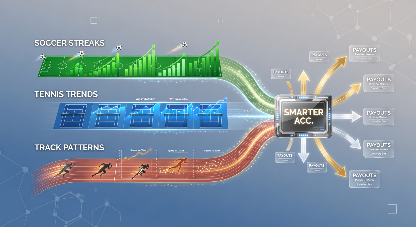 Horses charging neck-and-neck on a rain-slicked track, with inset charts of soccer win streaks and tennis serve hold percentages overlayed, illustrating pattern convergence for betting strategies