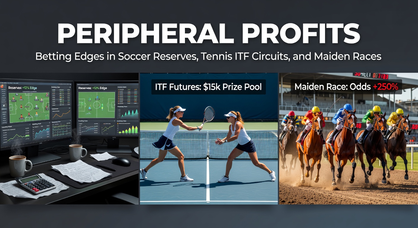 Soccer reserve teams clashing on a rainy pitch, tennis players battling in an ITF outdoor court, and a horse streaking ahead in a maiden race under bright lights