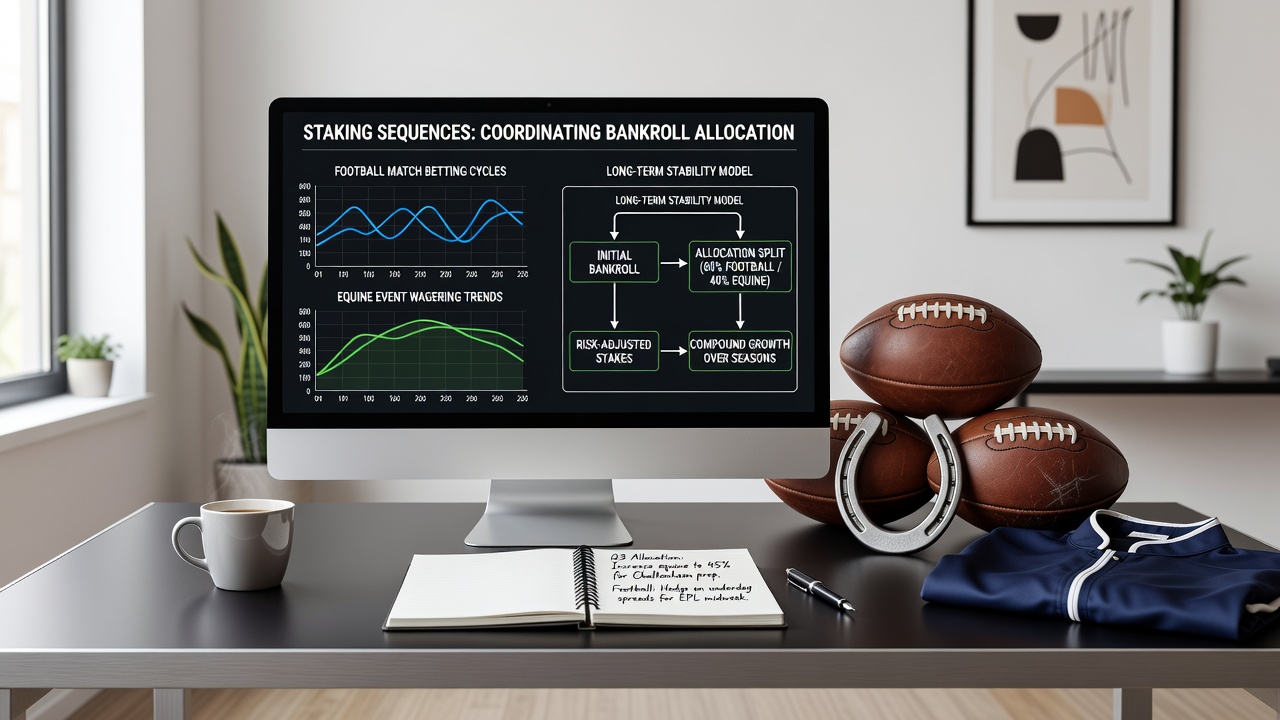 Diagram illustrating sequential bankroll allocation across multiple football matches and horse races with percentage-based stake markers