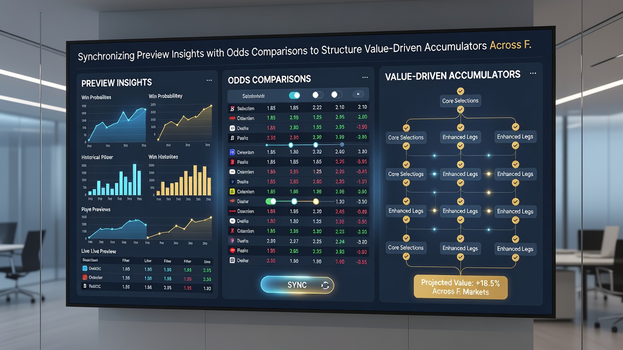 Detailed odds comparison dashboard showing accumulator legs for football matches, tennis matches, and horse racing events