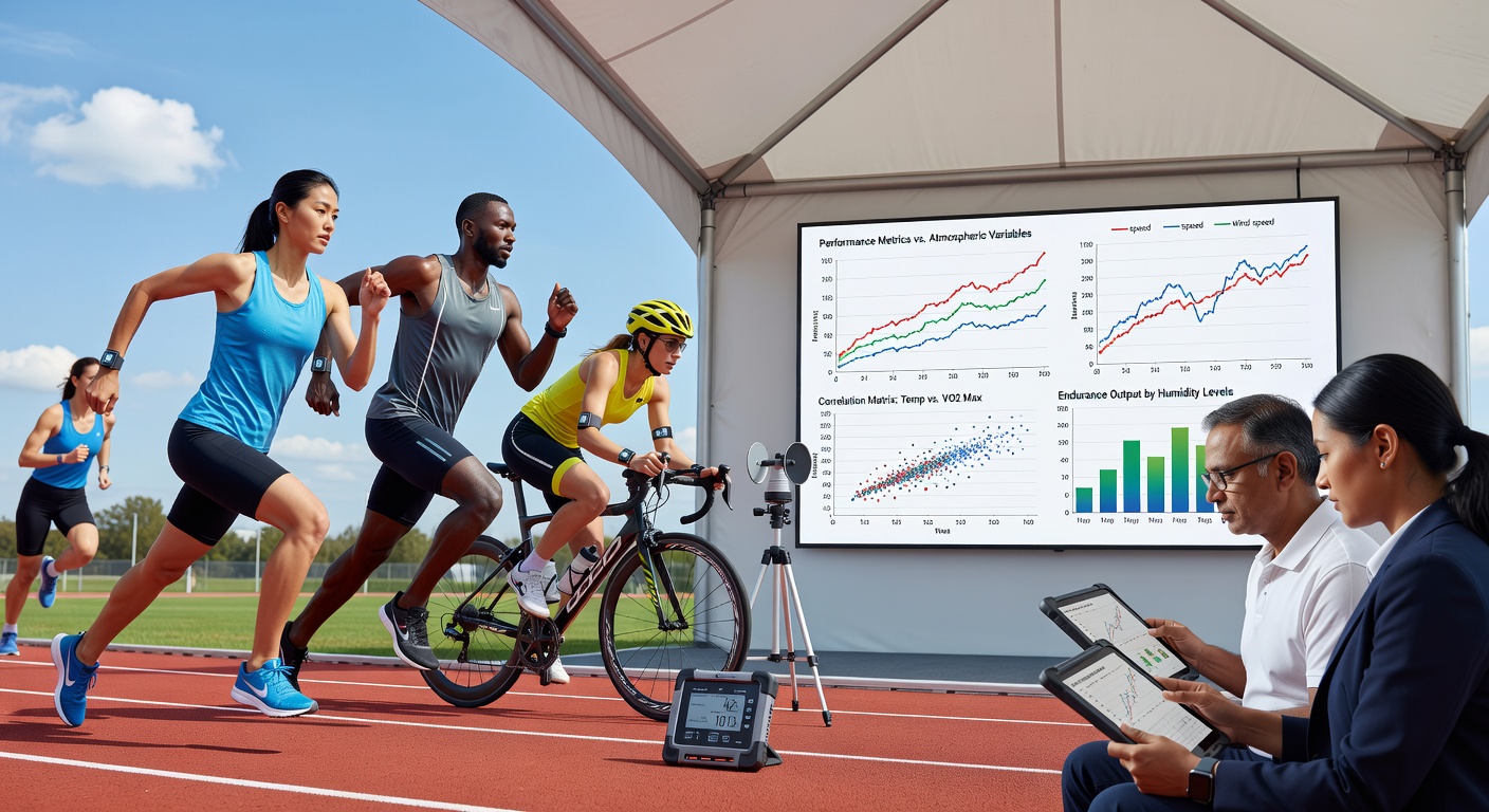Cyclists racing under changing sky conditions with visible wind indicators, illustrating how atmospheric data informs performance predictions
