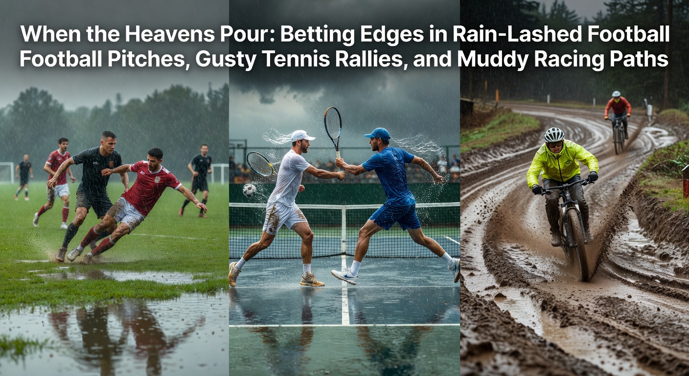 Torrential rain drenching a football pitch mid-match, with players slipping on the waterlogged turf under stormy skies