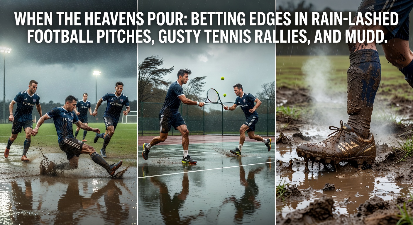 Tennis players battling fierce winds on an outdoor court, with a ball curving wildly mid-rally against a backdrop of dark clouds